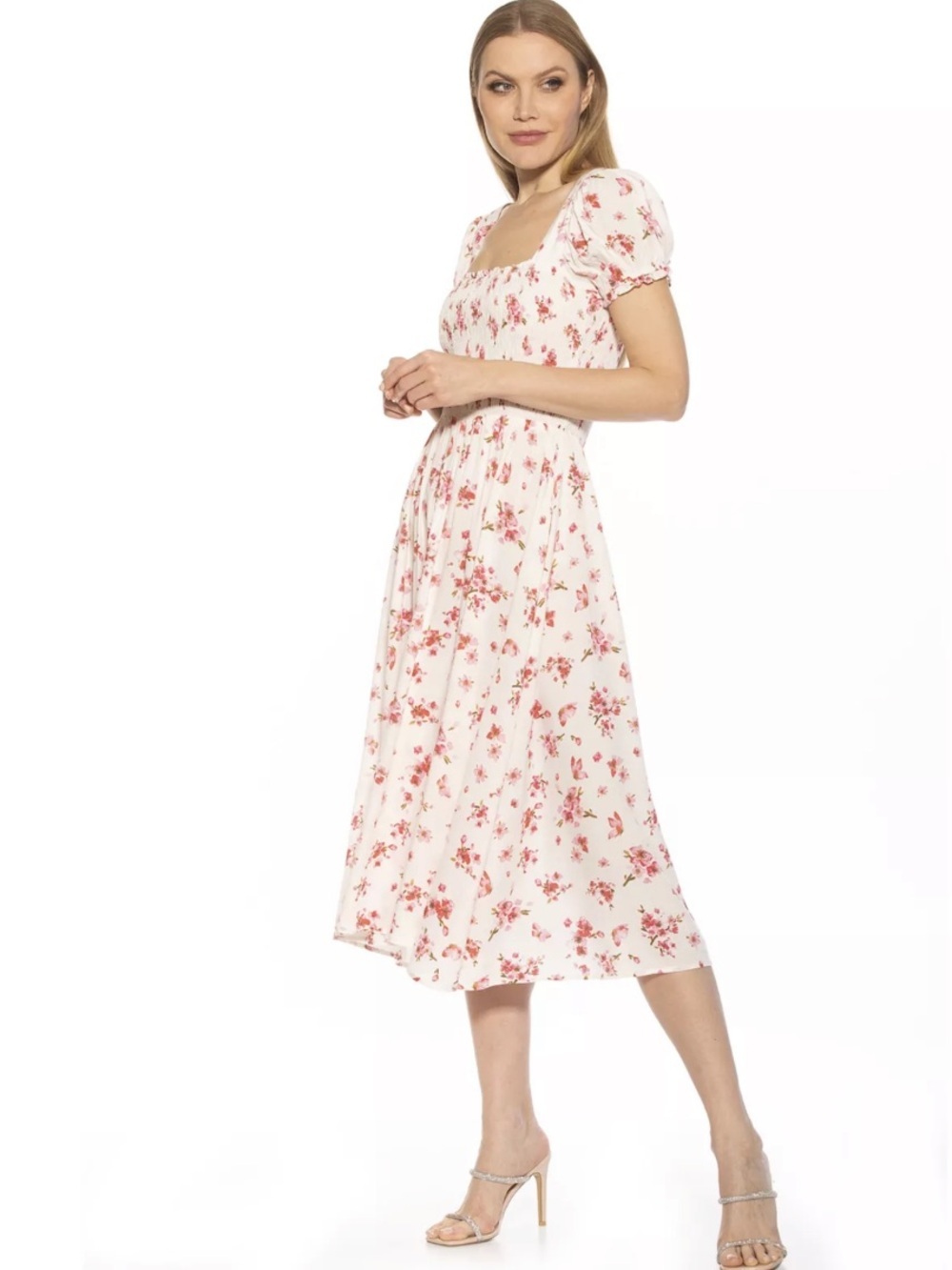 Alexia Admor Ali Smocked Fit & Flare Midi Dress White with Pink Flowers Size 4